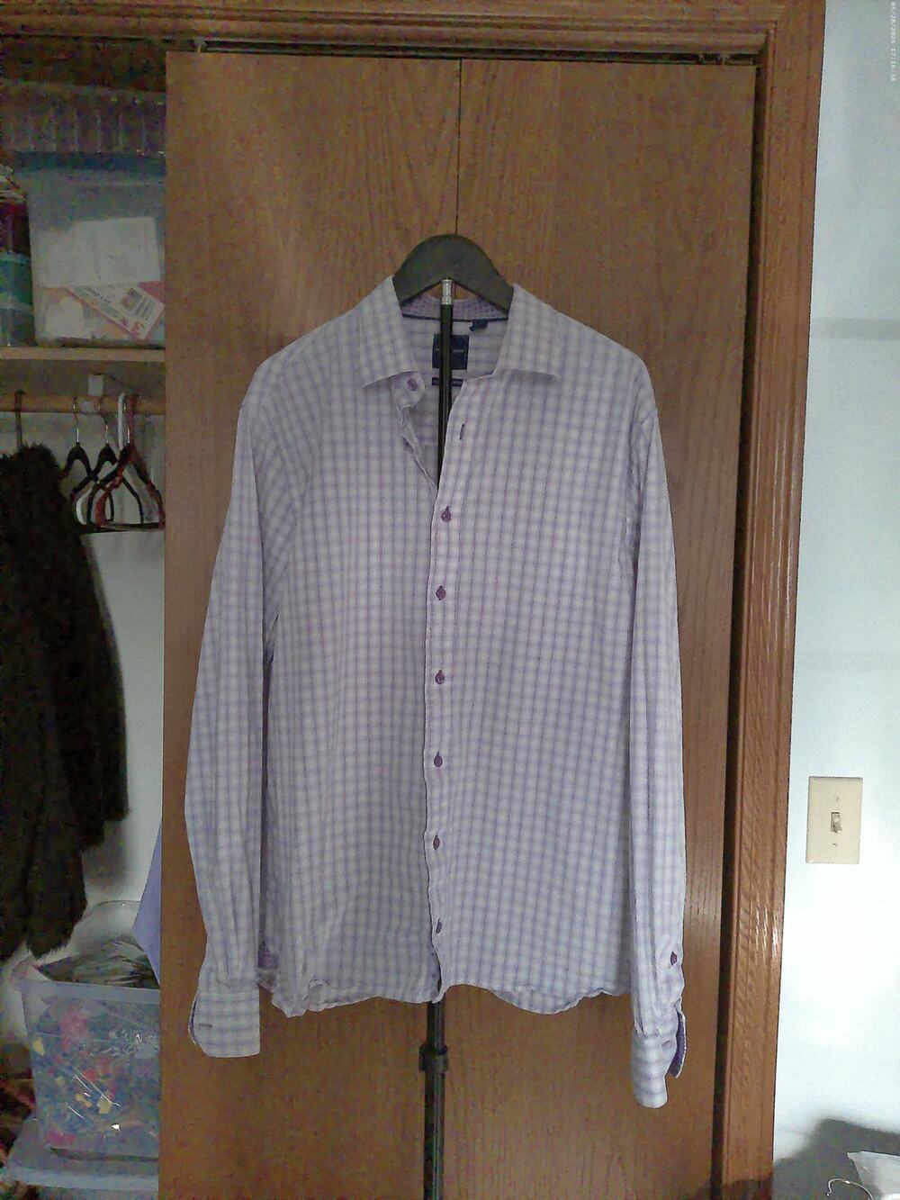 Nick Graham Men 17-17.5 Traveler Dress Shirt Purple White Plaid Long Sleeve